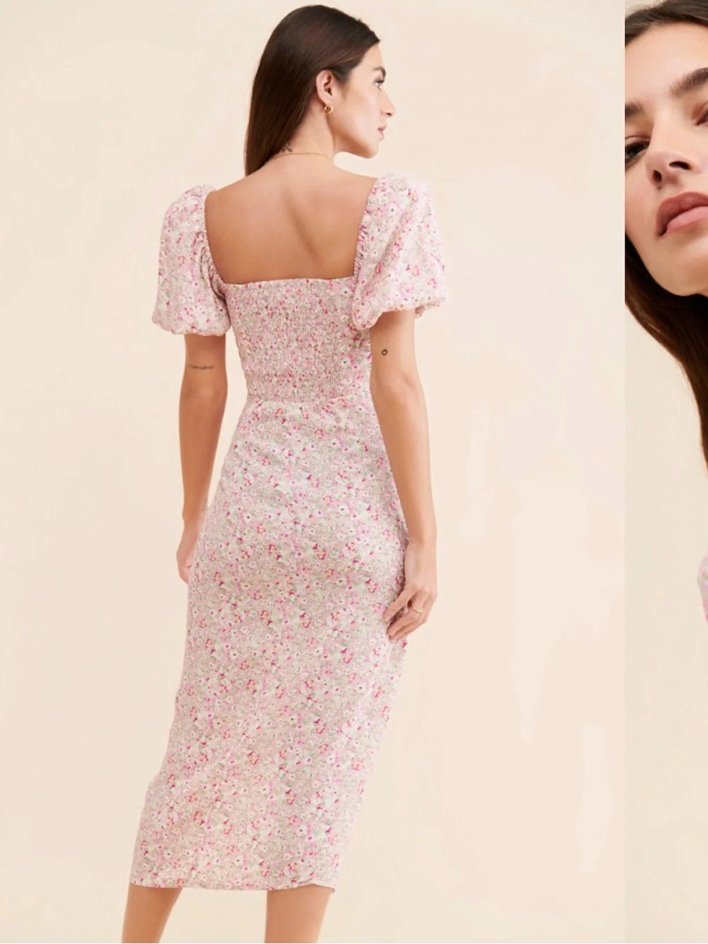 Astr The Label Pink Floral Puff-Sleeve Midi Dress